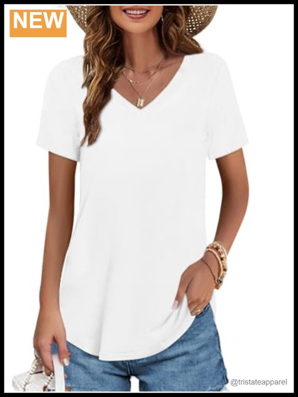 100% Cotton V-Neck T-Shirt Short Sleeve Curved Hem Casual Summer Top